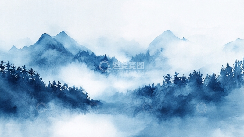 高清大图下载【趣麦麦图】蓝调水墨山水