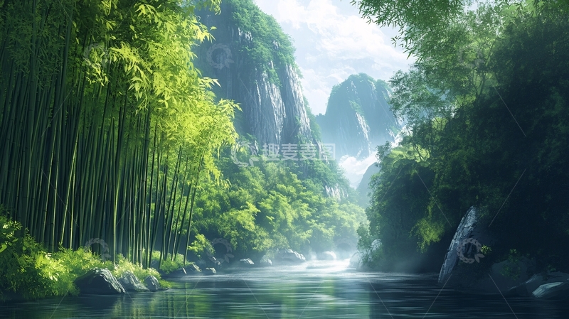 高清大图下载【趣麦麦图】竹林河流山峰16