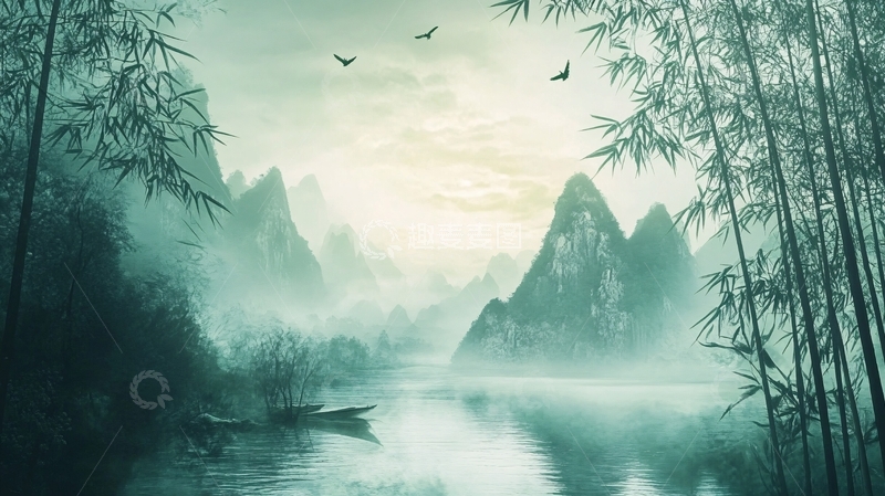高清大图下载【趣麦麦图】意境竹林山水画7