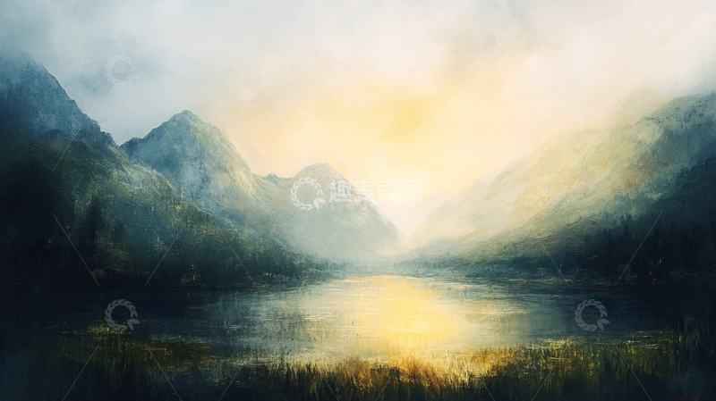 高清大图下载【趣麦麦图】油画远山群山倒影云雾7