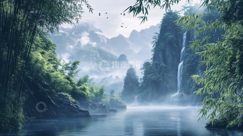 高清大图下载【趣麦麦图】竹林河流山峰17