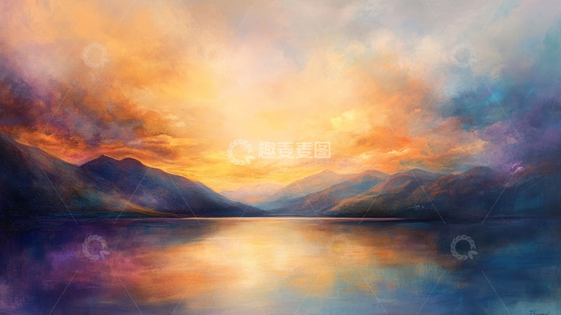 高清大图下载【趣麦麦图】湖面晚霞油画