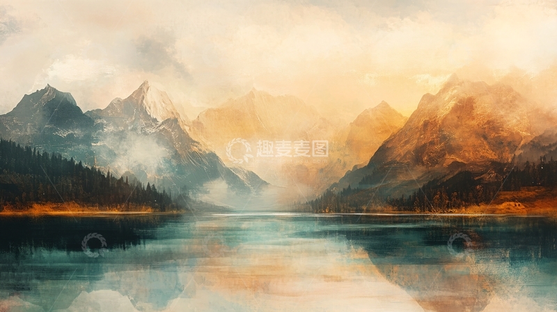 高清大图下载【趣麦麦图】油画远山群山倒影云雾8