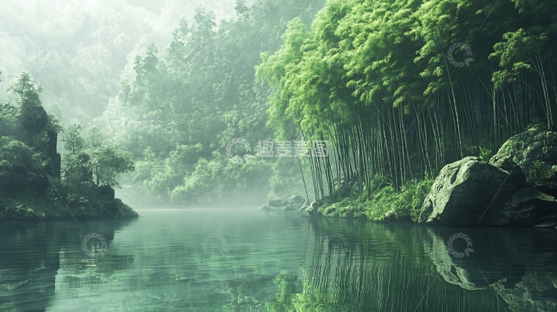 高清大图下载【趣麦麦图】竹林河流山峰18