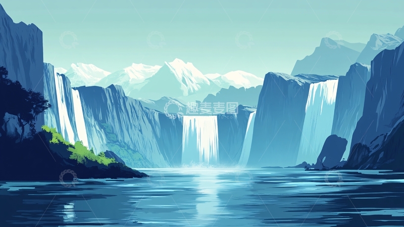 高清大图下载【趣麦麦图】瀑布插画