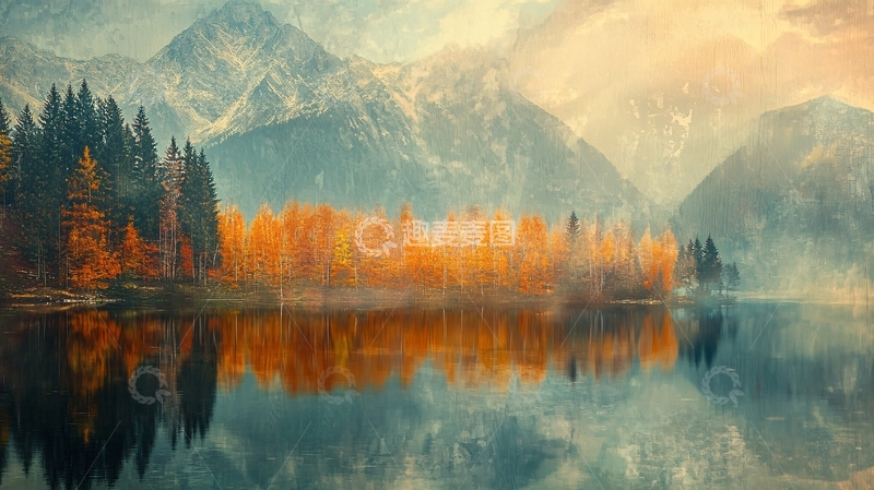 高清大图下载【趣麦麦图】黄叶森林雪山高山湖泊1
