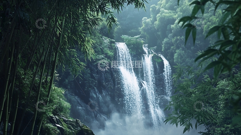 高清大图下载【趣麦麦图】春天竹林瀑布晨曦唯美16