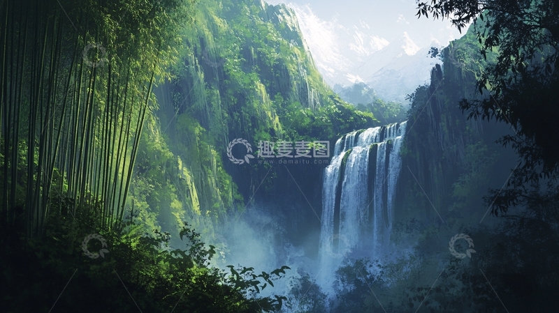 高清大图下载【趣麦麦图】春天竹林瀑布晨曦唯美18