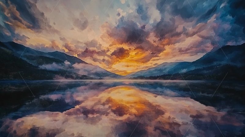 高清大图下载【趣麦麦图】湖面晚霞油画2