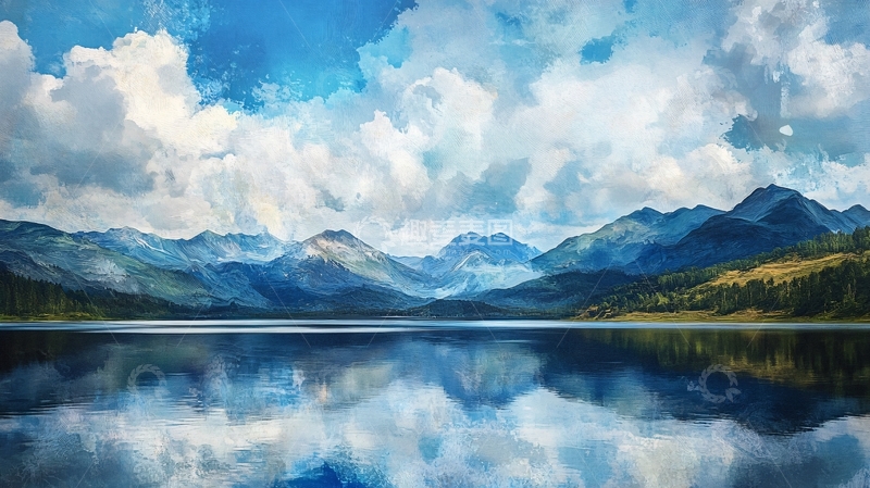 高清大图下载【趣麦麦图】油画远山群山倒影云雾9