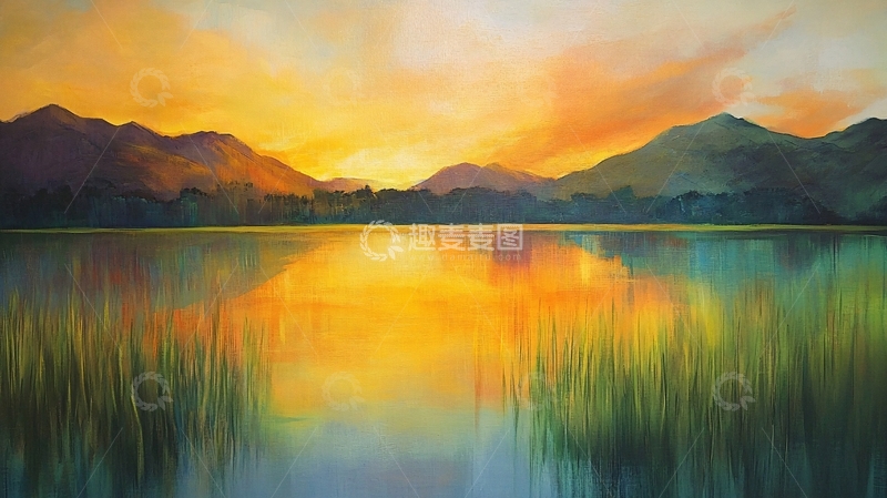 高清大图下载【趣麦麦图】湖面晚霞油画1