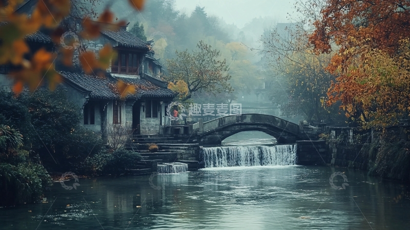 高清大图下载【趣麦麦图】古桥秋色2
