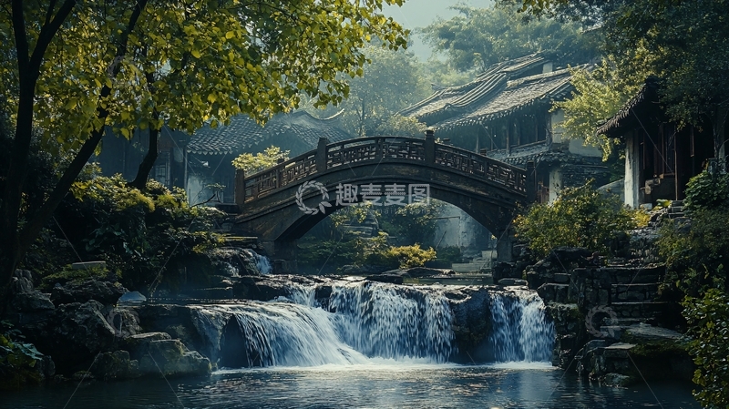 高清大图下载【趣麦麦图】亭台楼阁流水瀑布1