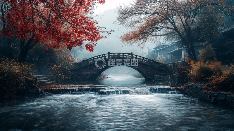 高清大图下载【趣麦麦图】古桥秋色1