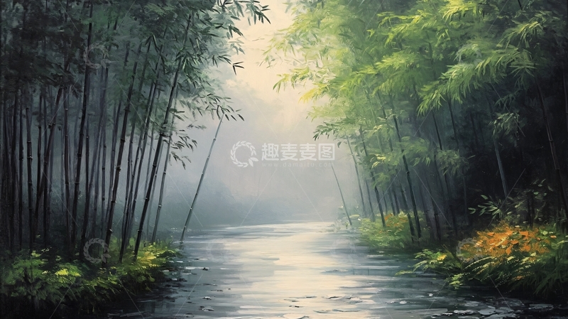 高清大图下载【趣麦麦图】竹林油画2