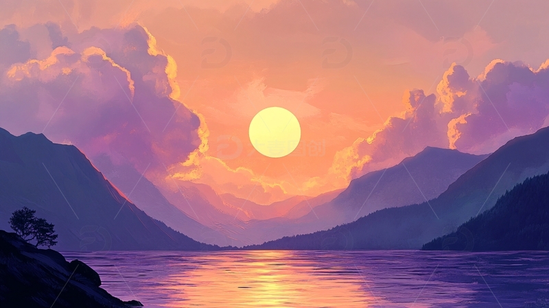 高清大图下载【趣麦麦图】插画落日1