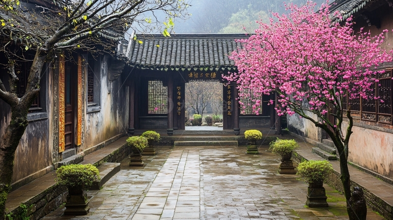 高清大图下载【趣麦麦图】古院梅影石桥