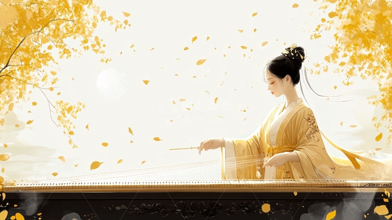 高清大图下载【趣麦麦图】古筝古风女孩插画