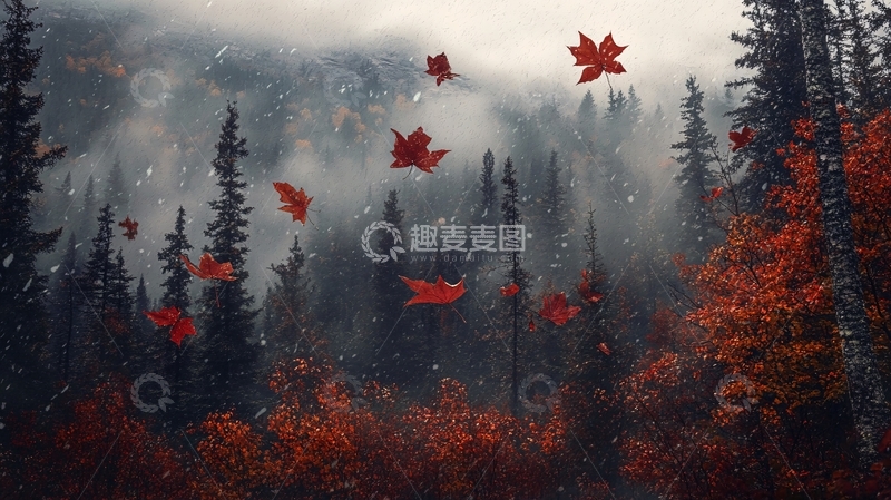 高清大图下载【趣麦麦图】雪地红叶桌面背景5