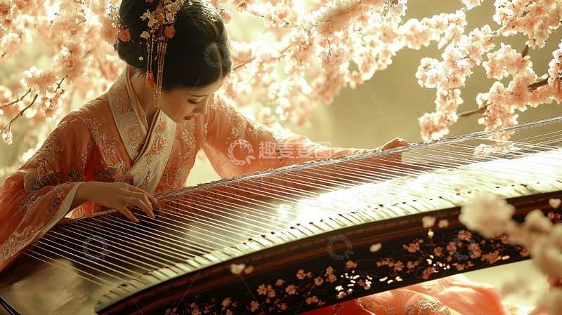 高清大图下载【趣麦麦图】古代小姐弹古筝
