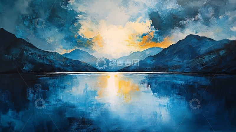 高清大图下载【趣麦麦图】湖面晚霞油画3