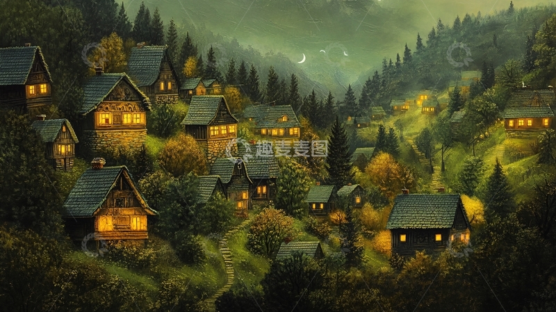 高清大图下载【趣麦麦图】森林小木屋夜景