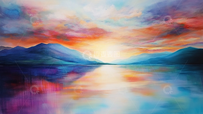 高清大图下载【趣麦麦图】山水夕阳油画1