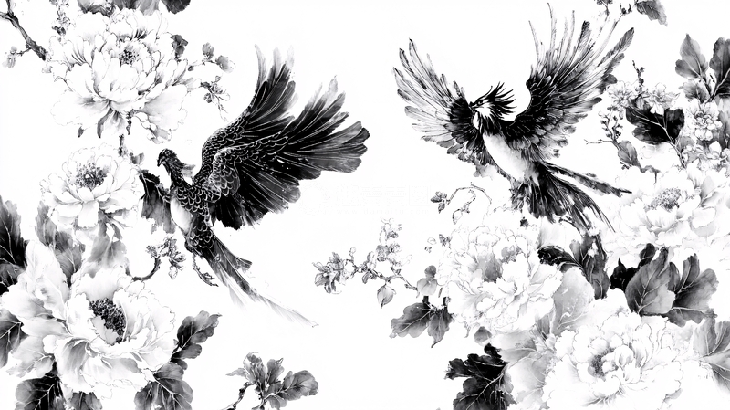 高清大图下载【趣麦麦图】凤凰牡丹灰度图