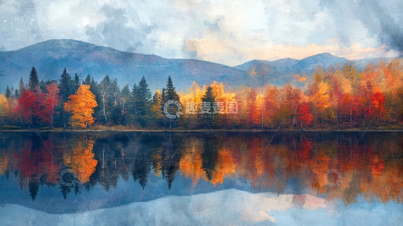 高清大图下载【趣麦麦图】油画秋天的湖泊1