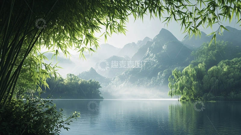 高清大图下载【趣麦麦图】竹林河流山水13
