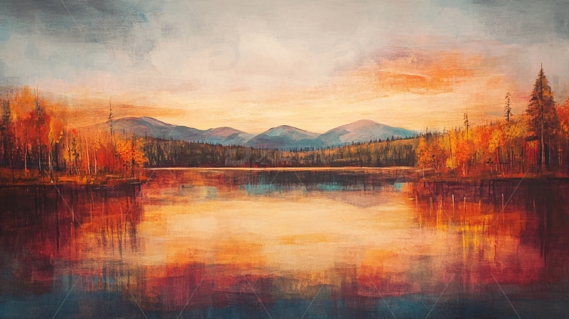 高清大图下载【趣麦麦图】油画秋天的湖泊2