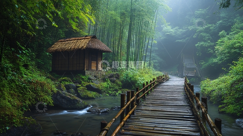 高清大图下载【趣麦麦图】幽静木桥竹林小道