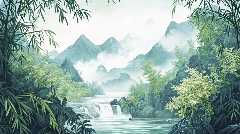 高清大图下载【趣麦麦图】山水竹林插画3
