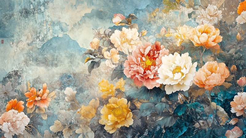 高清大图下载【趣麦麦图】牡丹花壁画壁纸2