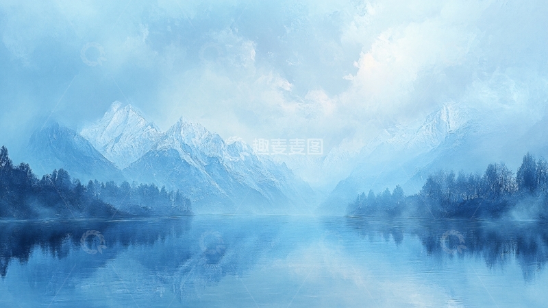 高清大图下载【趣麦麦图】-蓝天水面远山雾