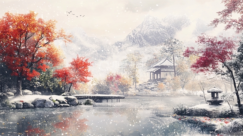 高清大图下载【趣麦麦图】雪地红叶桌面背景6