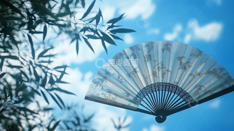 高清大图下载【趣麦麦图】竹影折扇插画