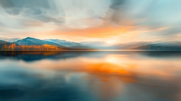 霞光远山倒影剪影湖面2