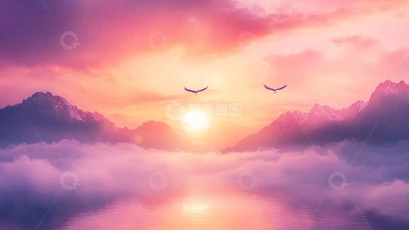 高清大图下载【趣麦麦图】飞鸟远山太阳4