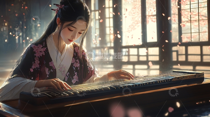 高清大图下载【趣麦麦图】抚琴插画