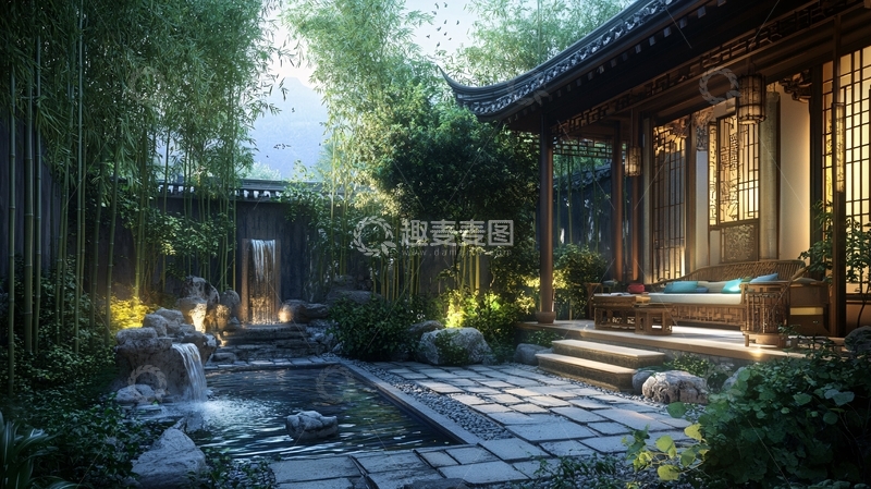高清大图下载【趣麦麦图】中式庭院竹林假山3