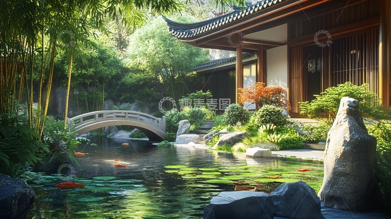 高清大图下载【趣麦麦图】中式鱼池