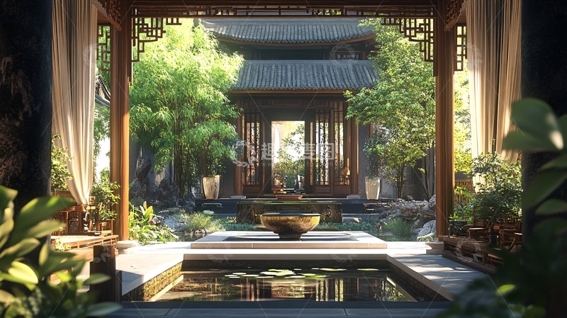 高清大图下载【趣麦麦图】中式池塘中式瓦墙3