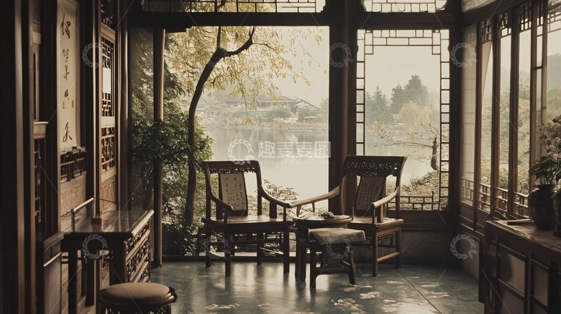 高清大图下载【趣麦麦图】茶道茶餐厅湖泊江南