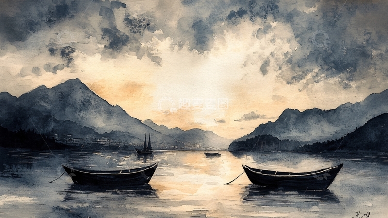 高清大图下载【趣麦麦图】水彩孤舟2