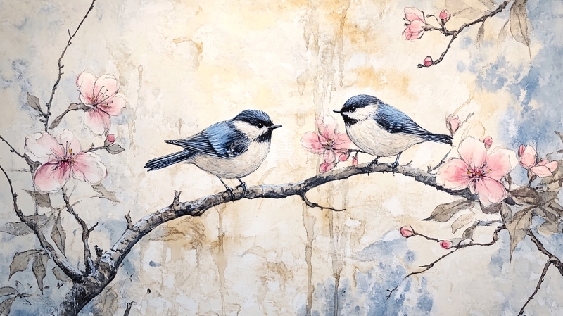 高清大图下载【趣麦麦图】梅花花鸟背景墙蓝鹊