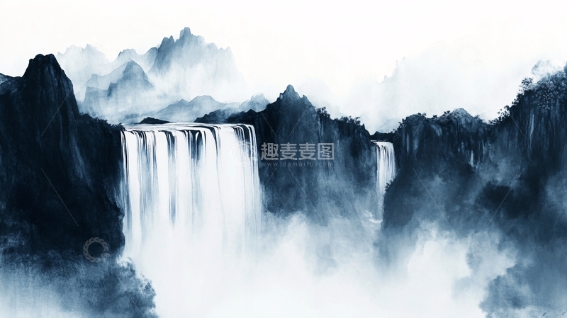 高清大图下载【趣麦麦图】意境水墨山水瀑布1