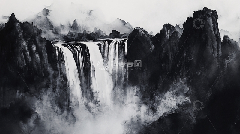 高清大图下载【趣麦麦图】意境水墨山水瀑布2