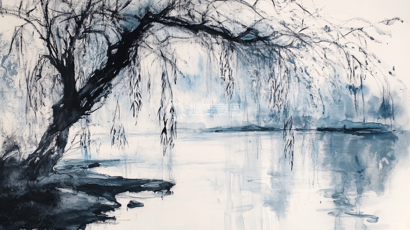 高清大图下载【趣麦麦图】蓝底垂柳