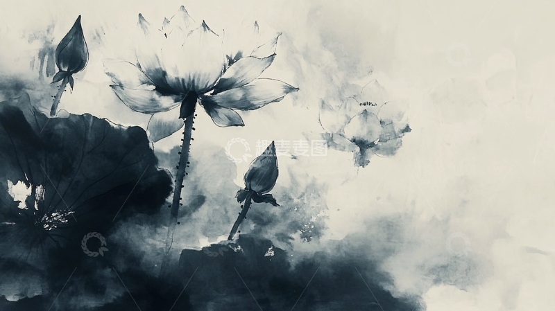 高清大图下载【趣麦麦图】水墨蓝色荷花